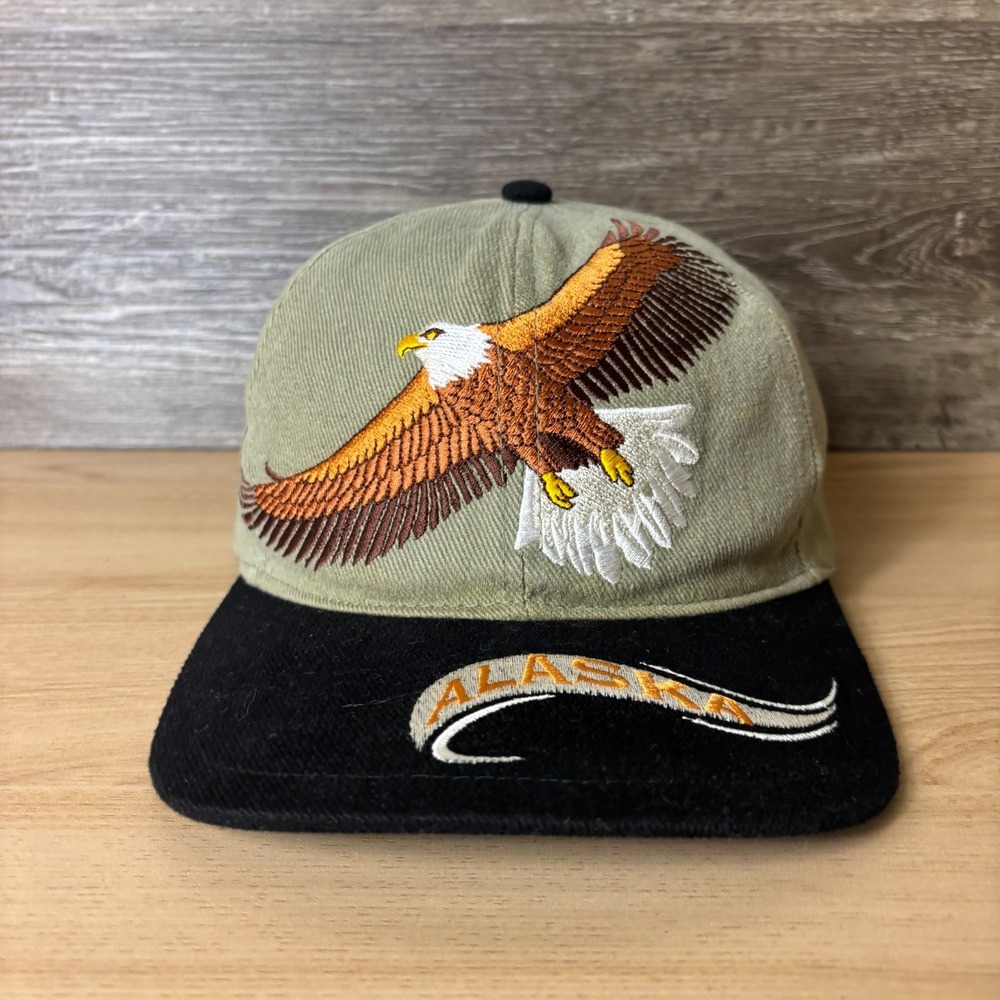 Vintage Alaska Hat Cap Strap Back Beige Brown Embroidered Souvenir Mens Outdoors
